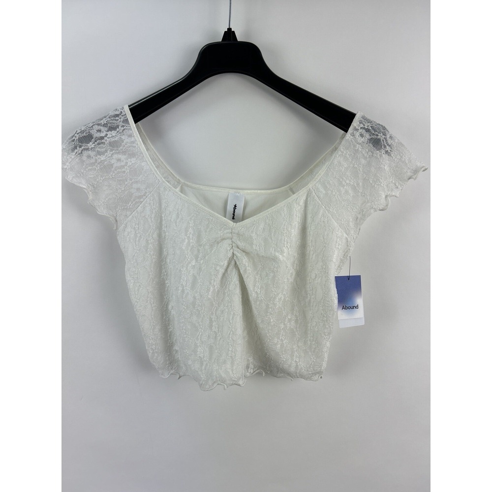 New ABOUND Womens M White Floral Lace Cap Sleeve Ruched Gathered Ruffle Crop Top